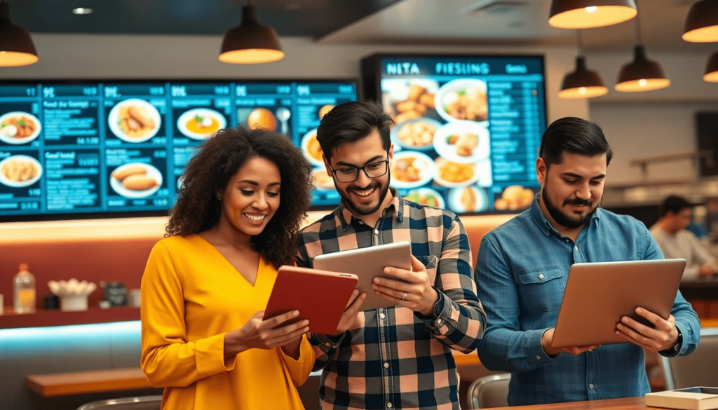 Pelanggan di restoran menggunakan tablet untuk melihat menu digital, mencerminkan tren industri F&B 2025 yang berbasis data untuk meningkatkan pengalaman pelanggan dan efisiensi operasional.