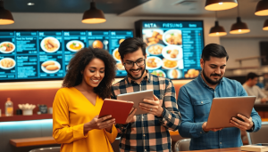 Pelanggan di restoran menggunakan tablet untuk melihat menu digital, mencerminkan tren industri F&B 2025 yang berbasis data untuk meningkatkan pengalaman pelanggan dan efisiensi operasional.
