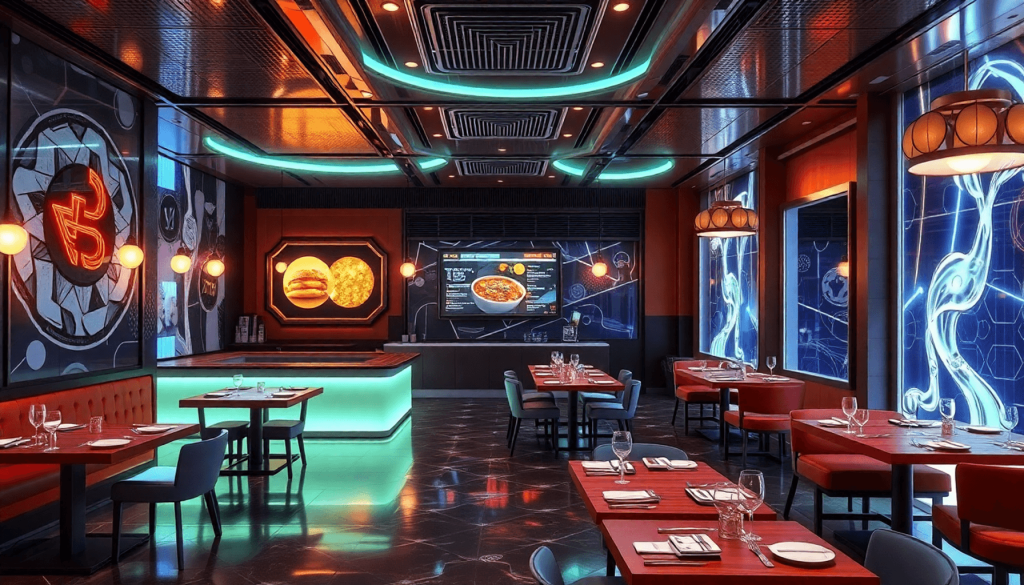 "Visualisasi CGI dari restoran masa depan yang futuristik, dengan elemen digital inovatif seperti menu interaktif holografik, robot pelayan, dan suasana kuliner yang mengagumkan, menampilkan pengalaman makan yang unik dan modern."