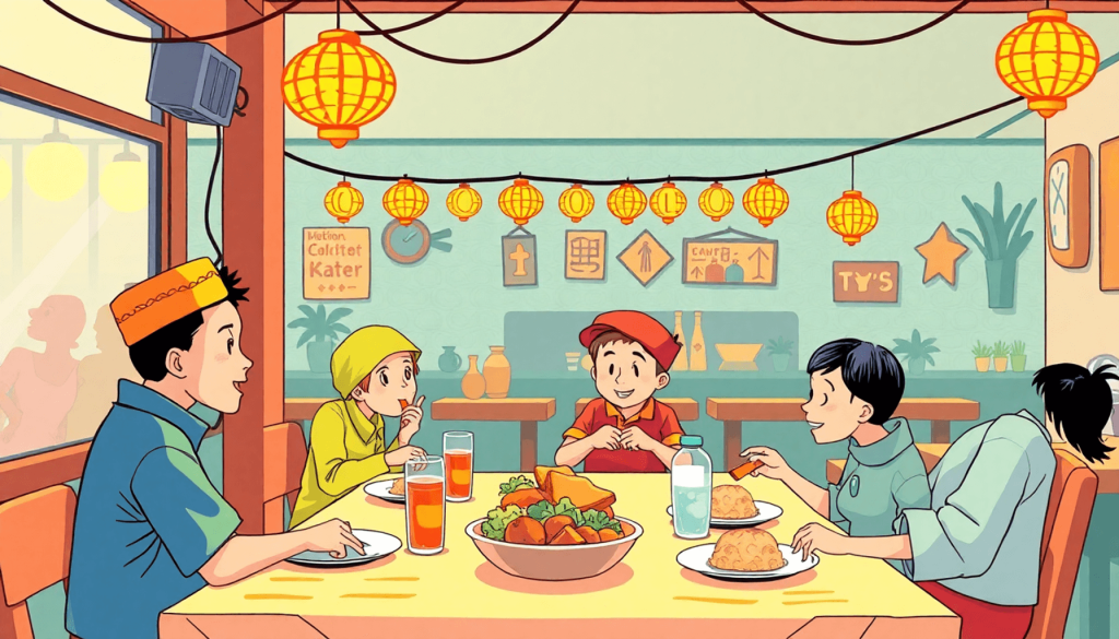 Gambaran kartun yang ceria tentang restoran yang sukses, dengan elemen-elemen budaya yang berwarna-warni dan simbol-simbol kunci tersembunyi yang jarang diketahui, dikelilingi oleh karakter-karakter lucu yang menikmati makanan dan suasana, gaya ilustrasi yang menarik dan penuh detail.