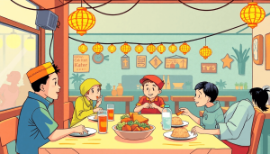 Gambaran kartun yang ceria tentang restoran yang sukses, dengan elemen-elemen budaya yang berwarna-warni dan simbol-simbol kunci tersembunyi yang jarang diketahui, dikelilingi oleh karakter-karakter lucu yang menikmati makanan dan suasana, gaya ilustrasi yang menarik dan penuh detail.