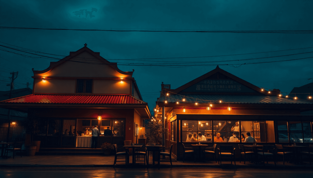 Sebuah lukisan minyak yang menggambarkan pemilik restoran baru yang merenungkan pilihan lokasi: di satu sisi, sebuah bangunan cangkang kosong yang menjanjikan potensi, dan di sisi lain, restoran eksisting yang ramai dengan pelanggan, dengan elemen-elemen yang menunjukkan perbandingan keuntungan antara keduanya, suasana yang penuh warna dan dinamis.