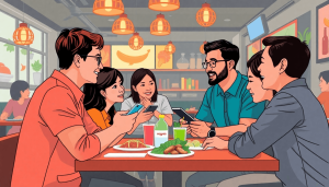 "Ilustrasi realistis tentang strategi pemasaran restoran modern, menggambarkan interaksi antara pelanggan yang berbicara secara langsung (word of mouth) dan penggunaan media digital, dengan elemen visual seperti smartphone, media sosial, dan suasana restoran yang ramai, menampilkan kesuksesan bisnis kuliner."