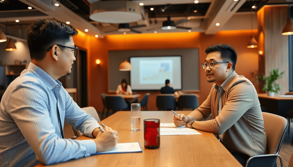 Suasana kantor modern dengan seorang pengusaha muda yang berdiskusi dengan investor di depan papan presentasi, menampilkan grafik dan ide-ide inovatif untuk rencana bisnis restoran, realistis, pencahayaan lembut dan profesional.