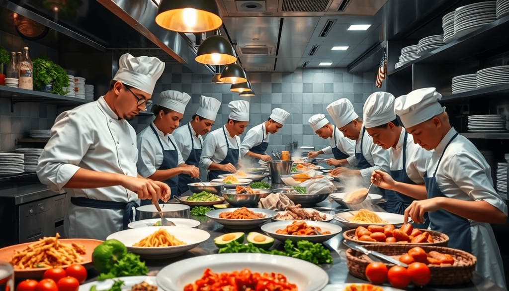 A bustling restaurant kitchen scene showcasing a diverse team of chefs skillfully preparing gourmet dishes, with vibrant ingredients and cooking techniques on display, realistic style.