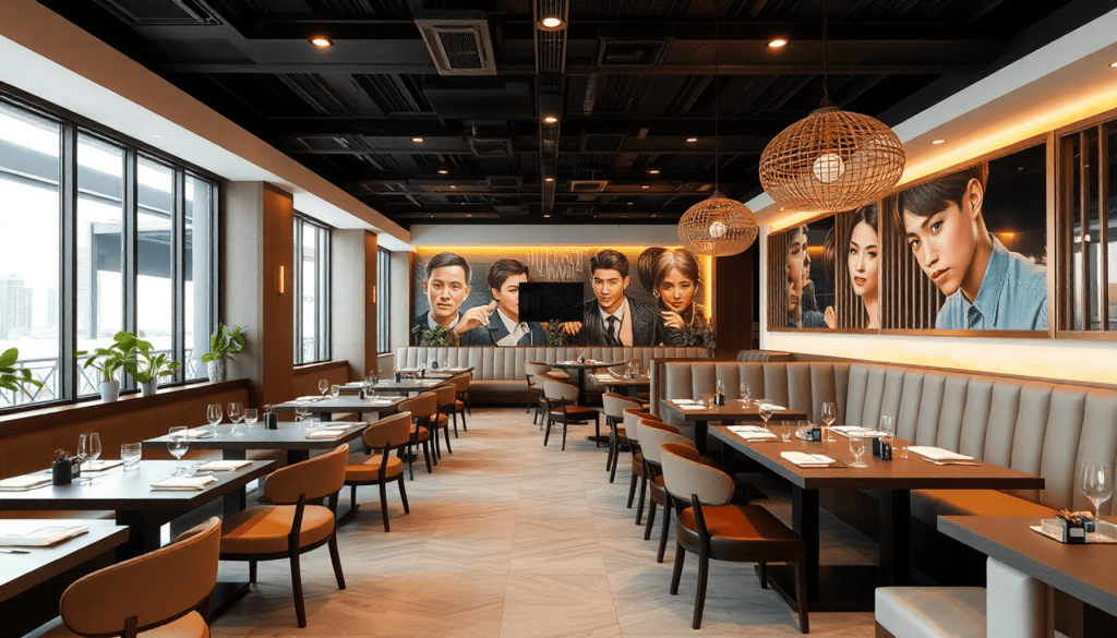 Desain interior restoran yang elegan dan modern, menampilkan suasana yang mengesankan dengan pencahayaan lembut, meja dikelilingi oleh kursi yang nyaman, serta elemen dekoratif yang unik, menciptakan pengalaman kuliner yang tak terlupakan, gaya realistis.