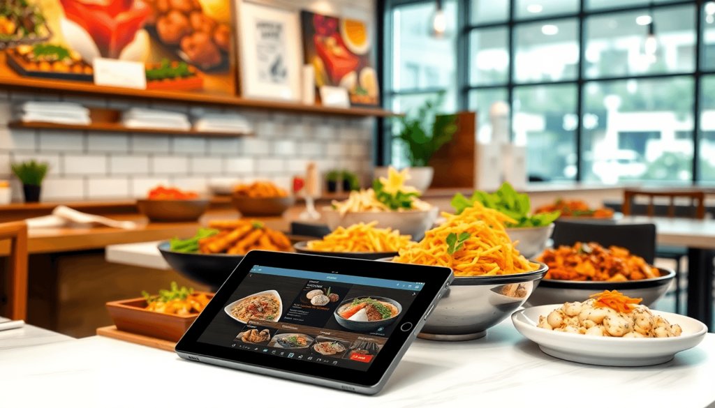 A cozy restaurant table filled with various delicious dishes, accompanied by a tablet displaying online menus, highlighting the blend of food and technology.