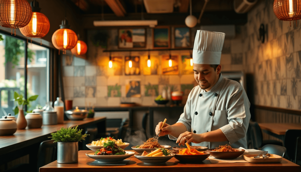 Gambaran kartun yang ceria tentang seorang chef kreatif di dapur yang penuh warna, merancang konsep restoran unik dengan elemen-elemen kuliner yang menggugah selera, dikelilingi oleh berbagai hidangan yang menggoda dan alat masak yang menarik, menciptakan suasana yang tak terlupakan.