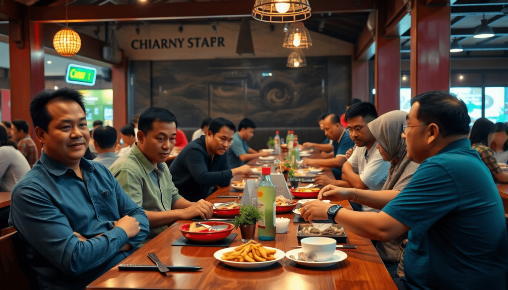 Lukisan minyak yang menggambarkan suasana restoran yang ramai, dengan sekelompok pelanggan menikmati hidangan sambil dikelilingi oleh elemen-elemen yang melambangkan keuntungan dan tantangan bisnis kuliner, seperti tumpukan uang, alat masak, dan tanda kebangkrutan yang samar, dalam nuansa warna yang kaya dan kontras.