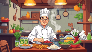 Sebuah ilustrasi kartun yang menampilkan seorang koki bersemangat di dapur restoran, dikelilingi oleh berbagai bahan makanan segar dan alat memasak, dengan peta strategi sukses restoran yang digambar di latar belakang, penuh warna dan detail yang menarik.
