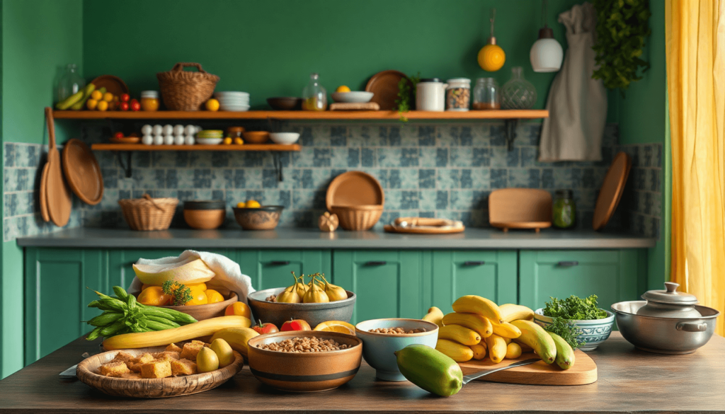 Dapur ceria dengan bahan makanan segar, sayuran, buah-buahan, dan biji-bijian. Alat masak sederhana dan hidangan sehat di piring. Elemen kebersihan terlihat dari apron dan sarung tangan bersih.