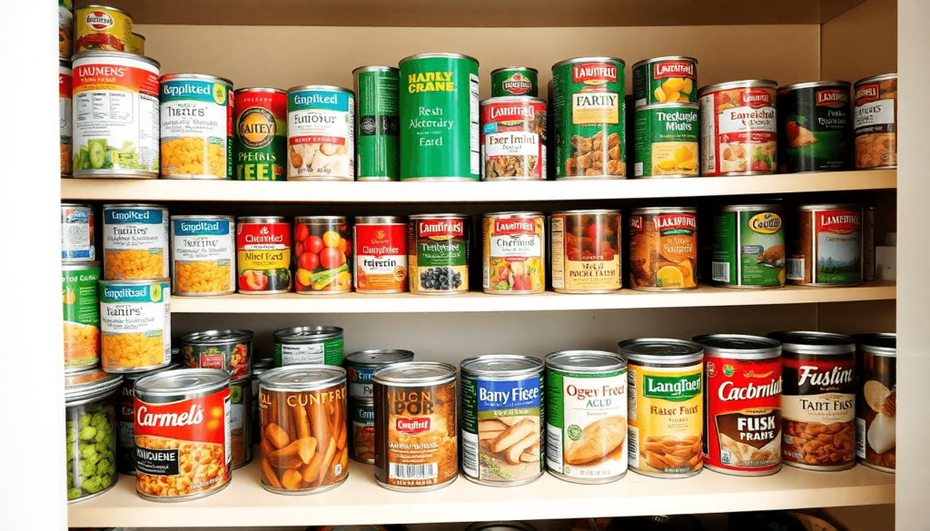 Rak pantry tertata rapi dengan berbagai jenis sayuran, buah-buahan, daging, dan ikan dalam kaleng logam kedap udara yang diberi label cerah.