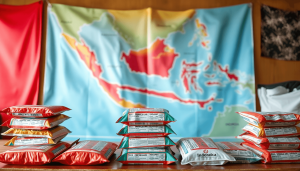 Pasokan makanan darurat di atas meja dengan peta Indonesia yang menyoroti daerah rawan bencana, melambangkan kesiapsiagaan dan ketahanan.