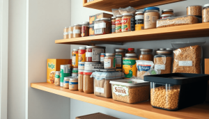 Kit suplai makanan darurat dengan barang-barang kalengan, buah kering, dan biji-bijian yang tertata rapi di rak kayu dalam ruangan penyimpanan yang bersih dan terang.