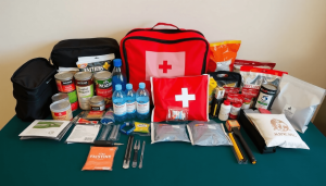 Kits persiapan darurat dengan makanan, air, perlengkapan pertolongan pertama, dan alat survival yang tersusun rapi di atas meja dalam suasana tenang.