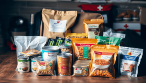 Kit penyimpanan makanan darurat dengan barang-barang kalengan, makanan dalam kantong retort, senter, dan kotak P3K di atas permukaan kayu.
