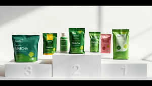 Photography image of matcha products with diverse packaging designs, no visible brand text or logos, elegantly arranged on a clean, minimalist 3-step podium numbered 3, 2, and 1, soft natural lighting, sharp focus, contemporary aesthetic..