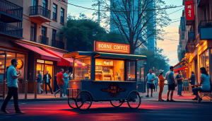 A vibrant street scene featuring a stylish mobile coffee cart navigating through a bustling urban neighborhood at dusk, warm glowing lights illuminating the cart and surrounding people enjoying coffee, dynamic digital art style capturing the spirit of culinary innovation and urban lifestyle..
