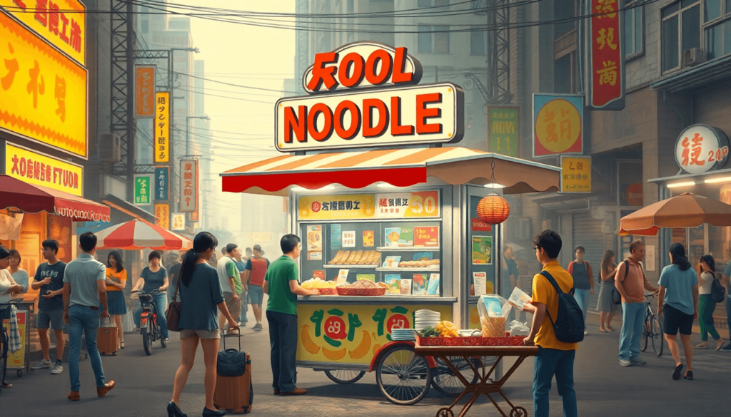 A vibrant street food scene featuring a mobile noodle cart franchise, with bustling vendors and customers strategizing business plans around it, dynamic urban setting, digital art style, realistic textures, warm lighting..
