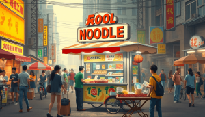 A vibrant street food scene featuring a mobile noodle cart franchise, with bustling vendors and customers strategizing business plans around it, dynamic urban setting, digital art style, realistic textures, warm lighting..