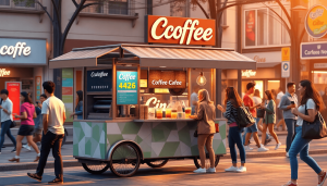 A vibrant street scene featuring a modern coffee cart franchise with stylish branding, serving trendy iced coffee drinks to diverse young customers, bustling urban background, digital art style, warm inviting atmosphere..