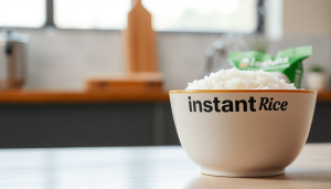 Mangkuk berisi nasi instan yang masih panas di samping kemasan "Nasi Instan" yang bersih di lingkungan dapur modern yang cerah.