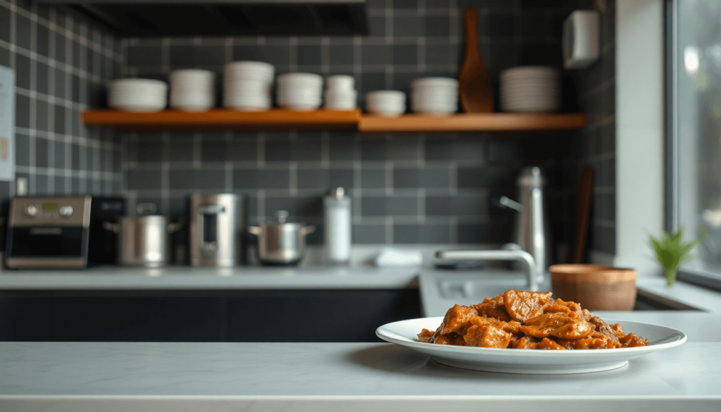 Dapur kafe modern dengan peralatan sederhana dan sepiring rendang di atas meja, menekankan kenyamanan dan kualitas dalam persiapan makanan.