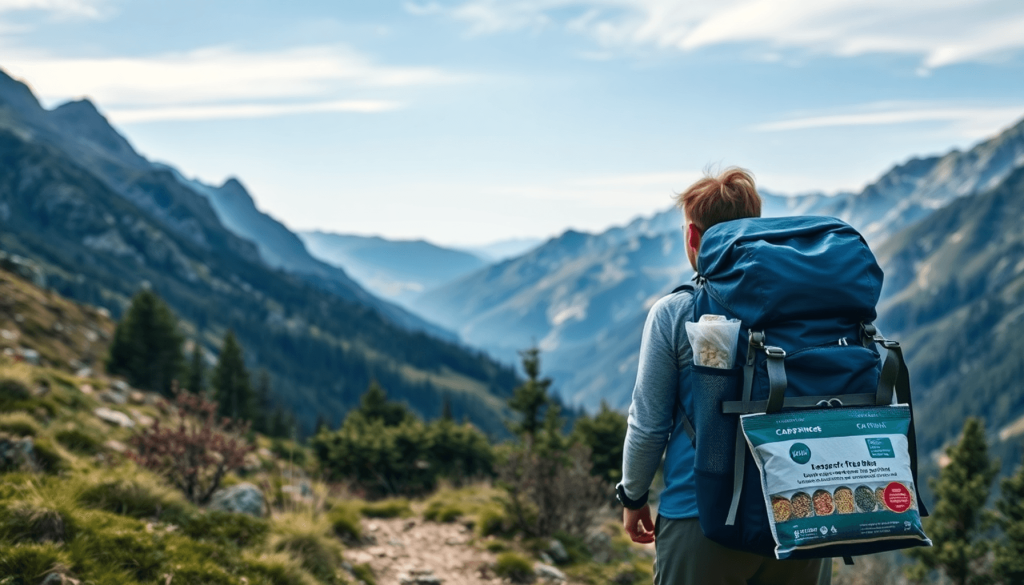 Jalur pegunungan yang indah dengan ransel ringan berisi mie instan dan paket nasi retort, terletak di alam liar di bawah langit yang cerah.