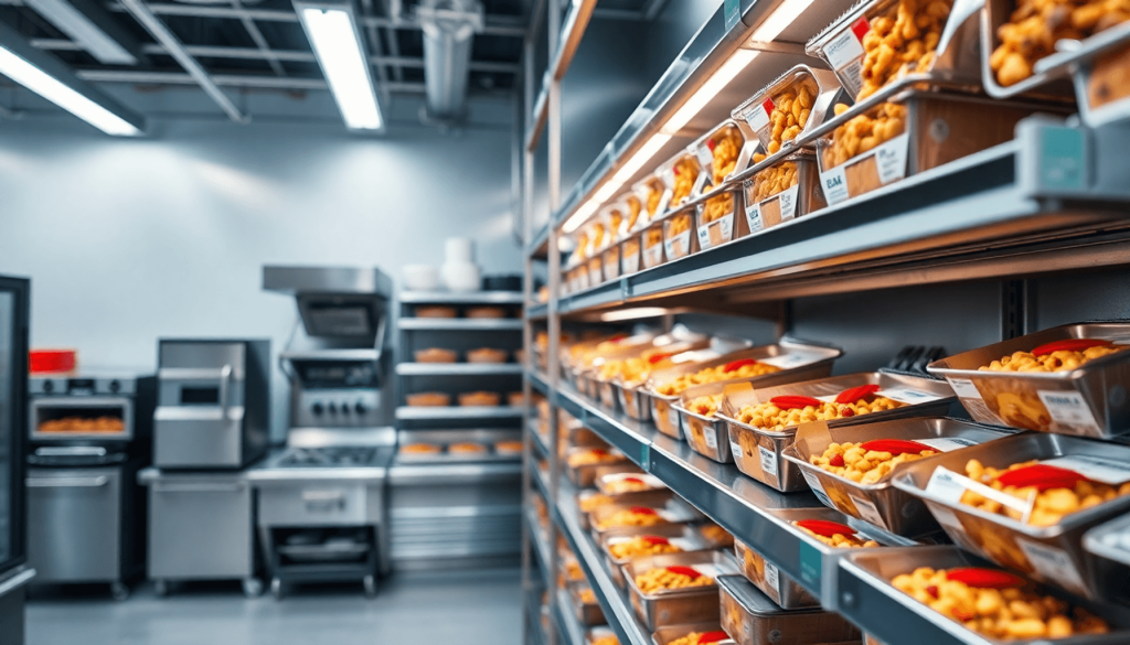 Dapur komersial yang cerah dan modern dengan makanan siap saji kemasan yang tertata rapi di rak, menampilkan teknologi pangan yang efisien dan solusi makanan berkualitas tinggi.