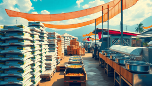 Pusat distribusi makanan bantuan darurat dengan persediaan terorganisir dan stasiun memasak di tengah area pemulihan bencana alam di Indonesia.