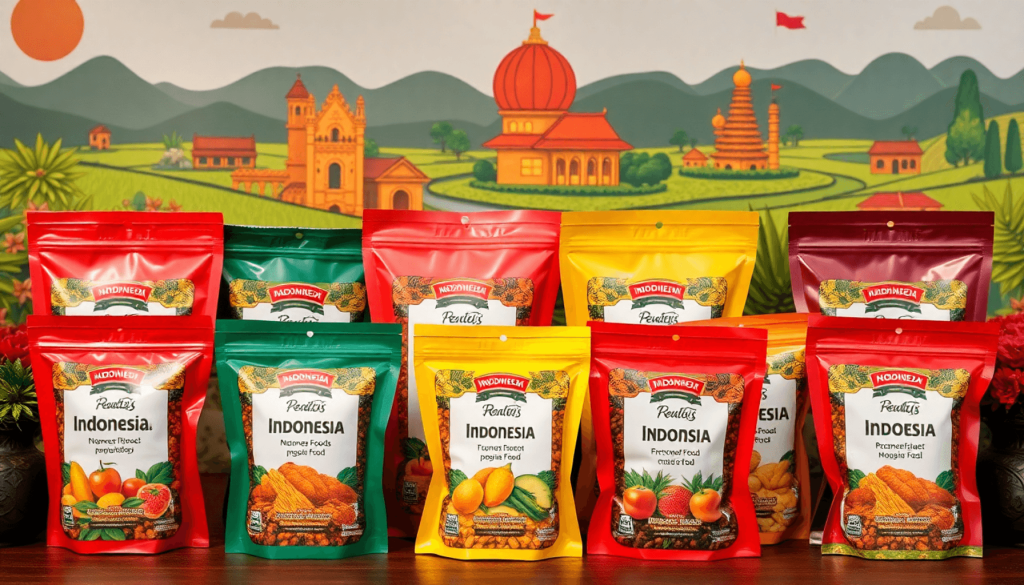 Kantung tertutup berwarna-warni yang berisi makanan tradisional Indonesia dengan label regional, ditampilkan di latar belakang pemandangan ikonik dan motif budaya.